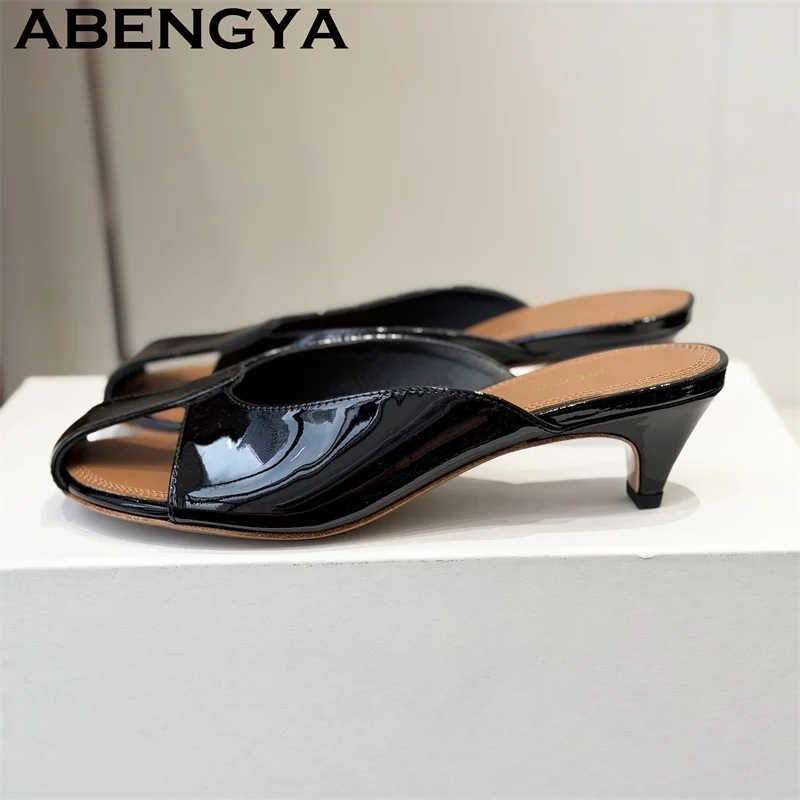 Patent Leather Hollow-out Mid Heels Slippers Women Round Toe Fashion Low Heels Mules Slippers 2025 Summer Trend Shoes Woman