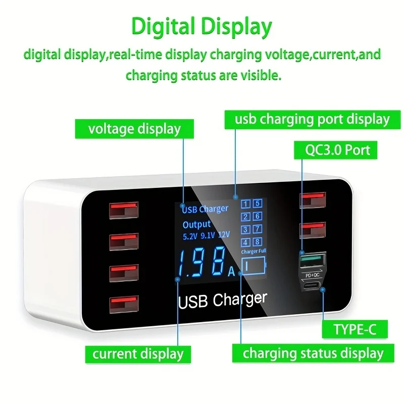 8 Multi-Port USB Quick Charger PD QC 3.0 Fast Charging LED Display Type-C EU UK US 1.5M Desktop Power Adapter For Iphone Samsung