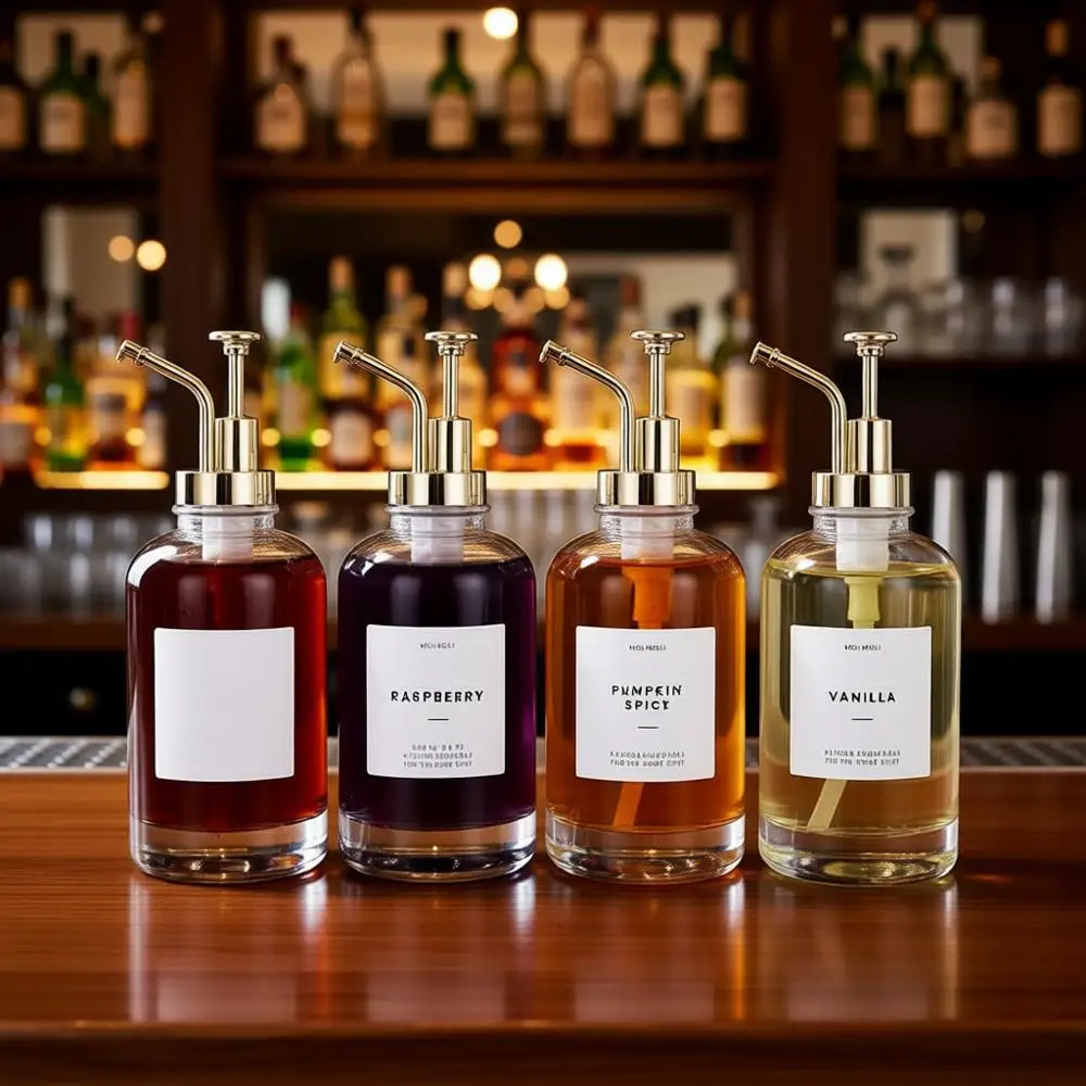 

Syrup Dispenser, Coffee Bar, Pump Dispenser, Glass Bottle with Pump, Maple Syrup Bottles, Set of 4 with Labels, Gold