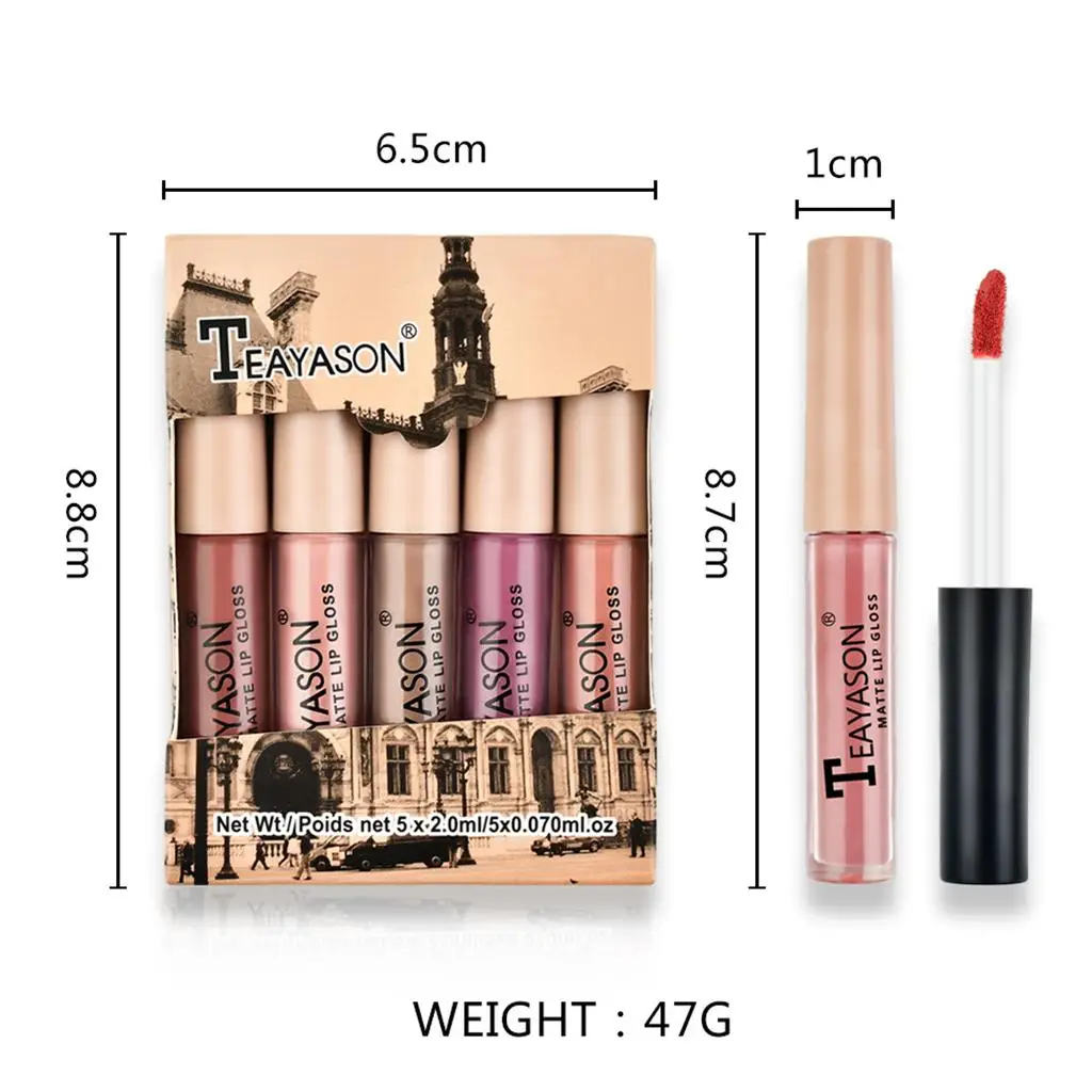 Lot de 5 coffrets de brillant à lèvres velours mat, rouge à lèvres liquide imperméable, teinture pour les lèvres