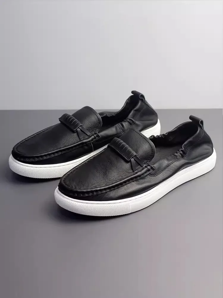 Mens Cowskin Genuine Leather Shoes Slip-On Daily Casual Shoes New Spring Summer Breathable Fashion Flat Shoes Loafers Male