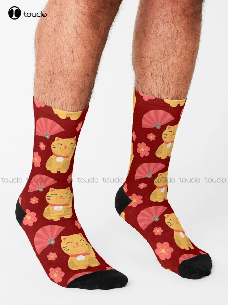 Lucky Cat Pattern Socks Mens Cotton Socks Personalized Custom 360° Digital Print Gift Harajuku Unisex Adult Teen Youth Socks