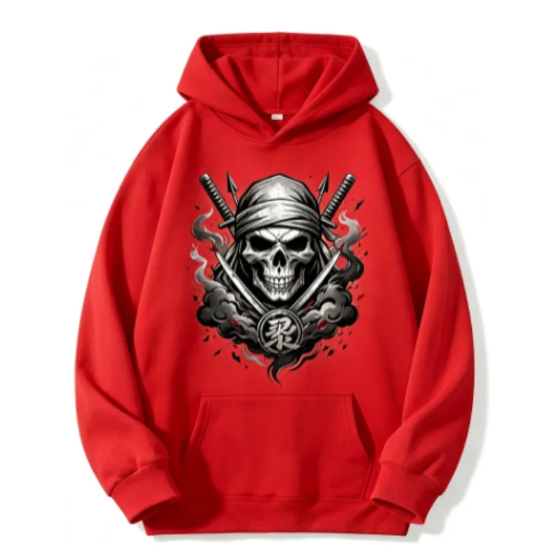 Men's Samurai Skull Print Hoodie 2026 New, Black White Graphic Spring Autumn Streetwear Casual Sweatshirt