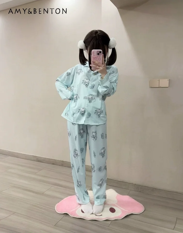 الأصلي المائية اليابانية أنيمي طباعة لينة مريحة منامة ثقافة فرعية ثنائي الأبعاد طويلة الأكمام السراويل الطويلة مجموعة Kawaii