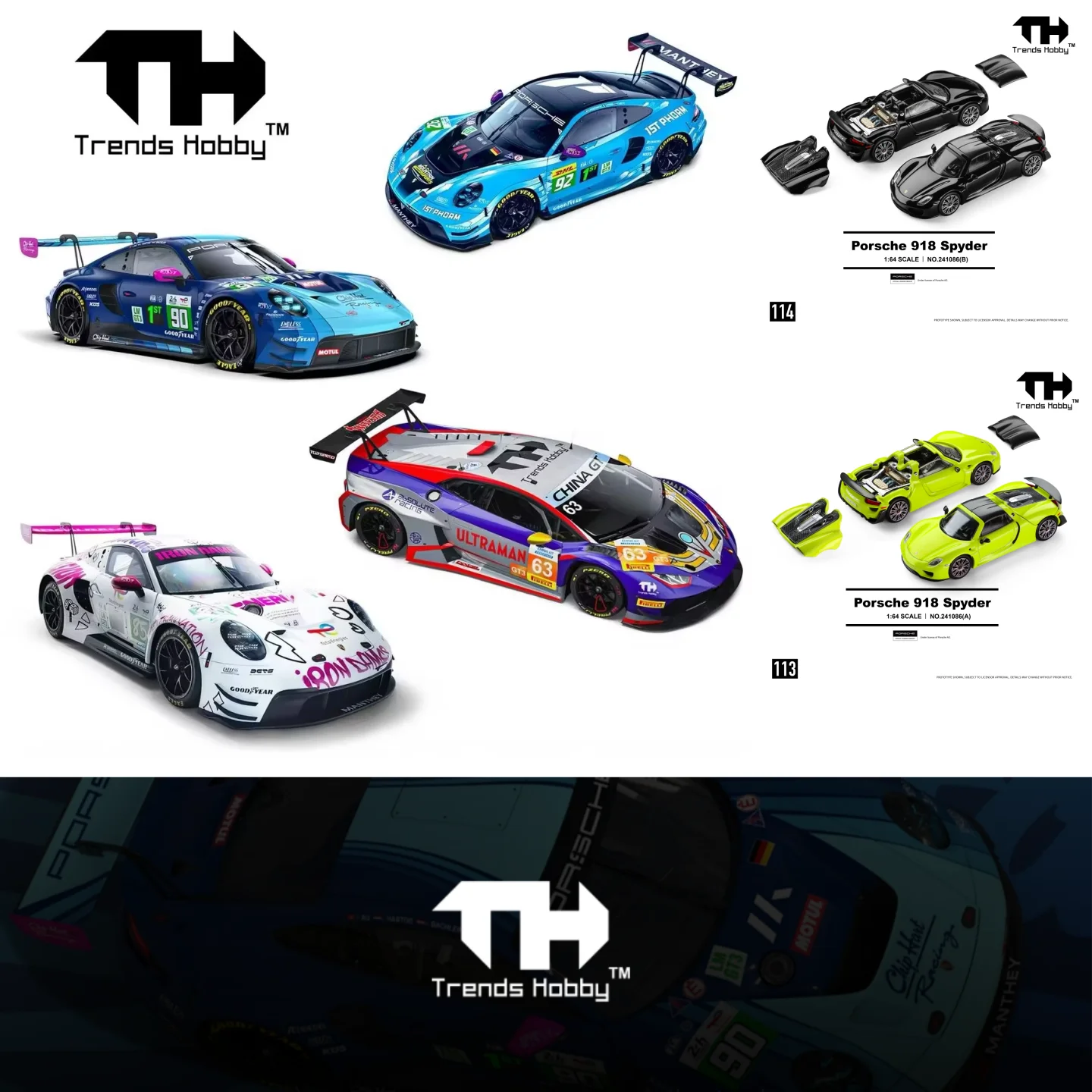 

TH Trends Hobby 1:64 Porsche 911 GT3R Porsche 918 Lamborghini GT3 Tiga Painted Alloy Car Model