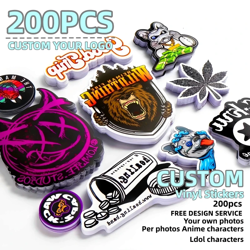 

200pcs Custom Stickers Vinyl Waterproof Die Cut Logo Design Brand Laptop Cute Personalized Sticker Glossy Film for Business