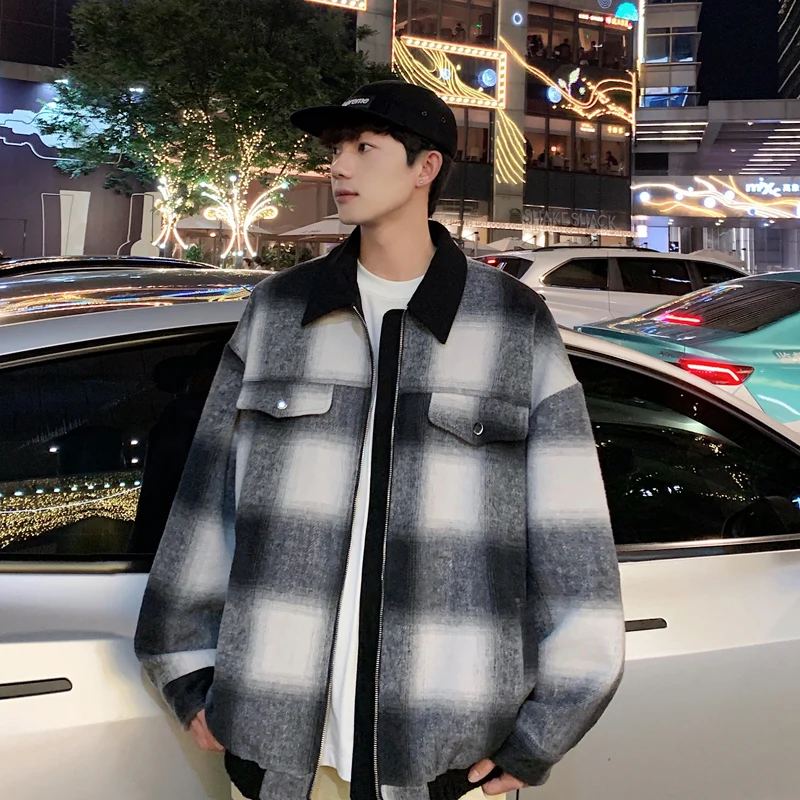 

Preppy Plaid irt Men's Long Sve Classic Vintage Outerwear Youthful Polyester Fiber Autumn Season Faionable Jaet