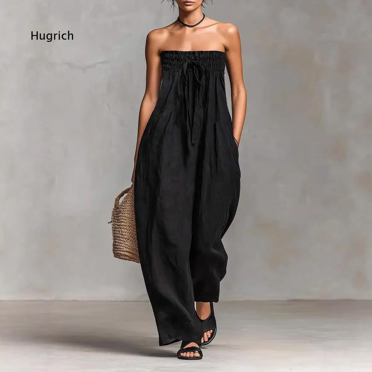 Women's Strapless Tube Jumpsuit Elastic Shirred Bust Drawstring Waist Loose Wide Leg One Piece Outfit For Summer