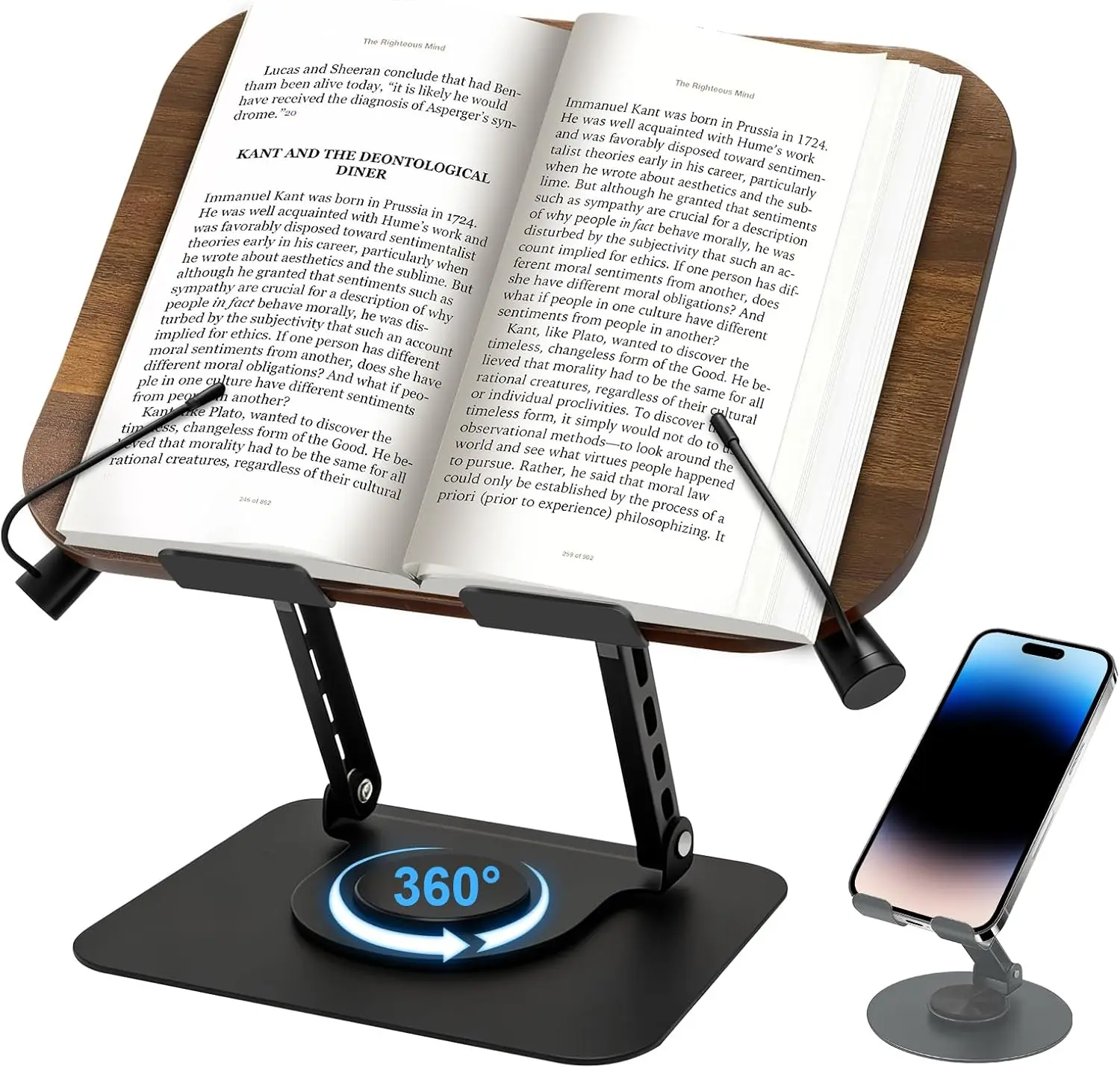 

Wooden Book Stand with 360° Rotating Base - Adjustable Holder for Cookbook, Tablet, Laptop, Kitchen, Office