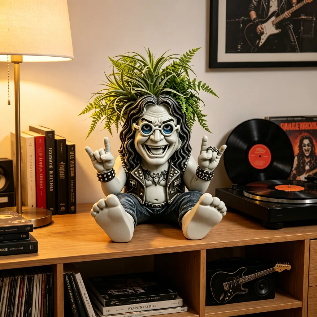 Ozzy Osbourne Prince of Darkness Gnome Planter Resin Heavy Metal Rock Succulent Flower Pot Indoor Outdoor Garden Decor Fan Gif