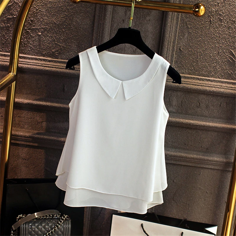 Women\'s Blouses 2022 New Sleeveless Peter Pan Collar Shirt for Women Chiffon Blouse Summer Casual Oversized 5XL Female Tops