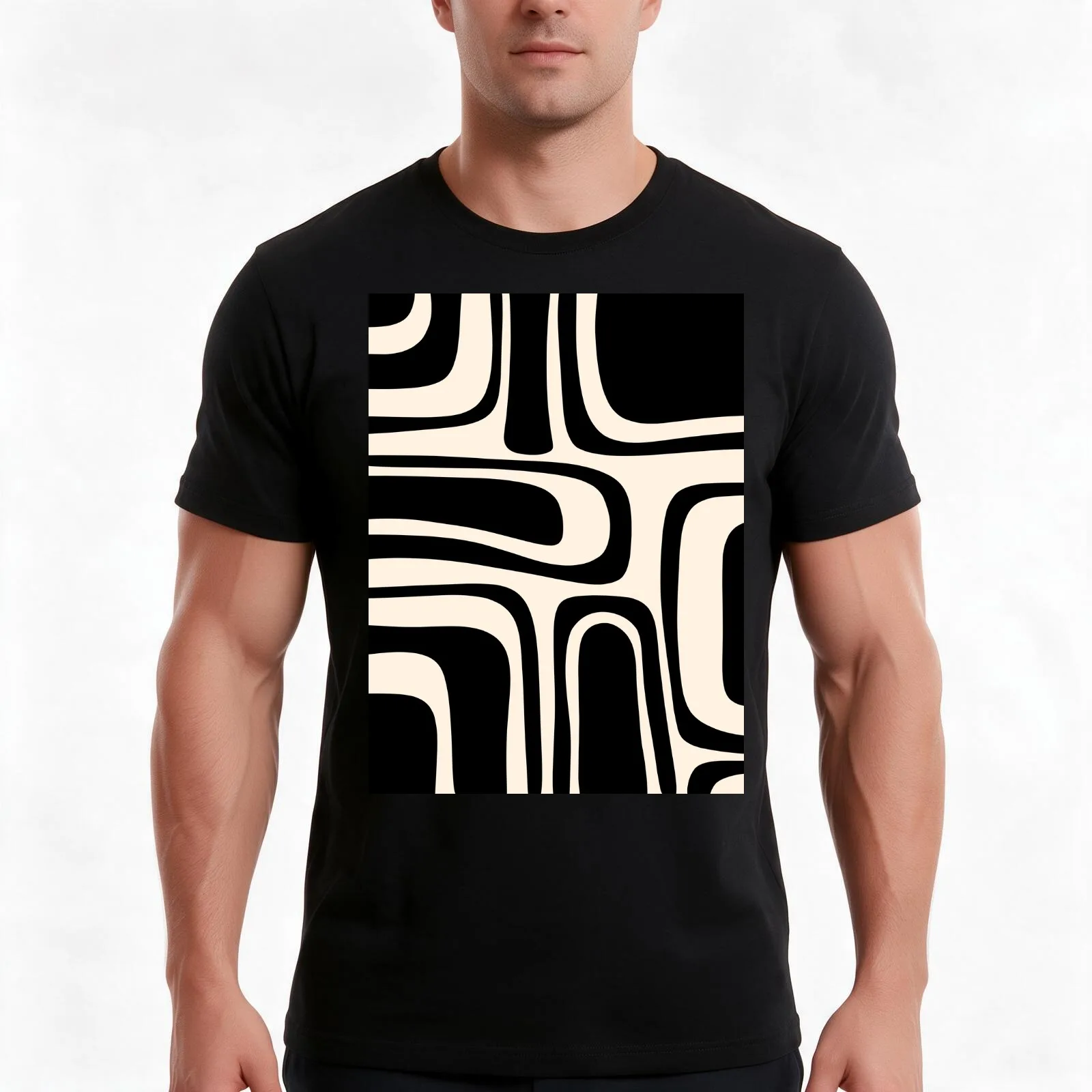 Palm Springs Retro Midcentury Modern Abstract Pattern in Black and Almond Cream T-Shirt Summer Casual Cotton Tee 100% Cotton