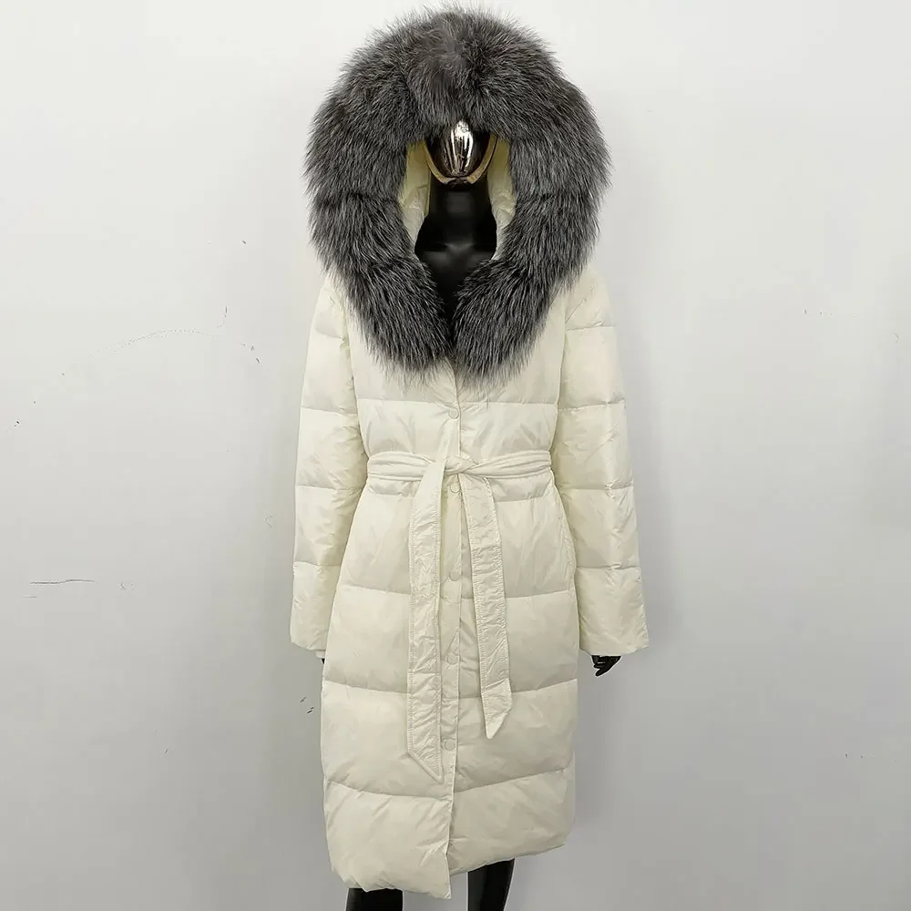 

Down Jacket Women Natural Raccoon Fur White Duck Down Coat Winter Large Hooded Long Parkas Female Fashion Thick Real Fur Jackets
