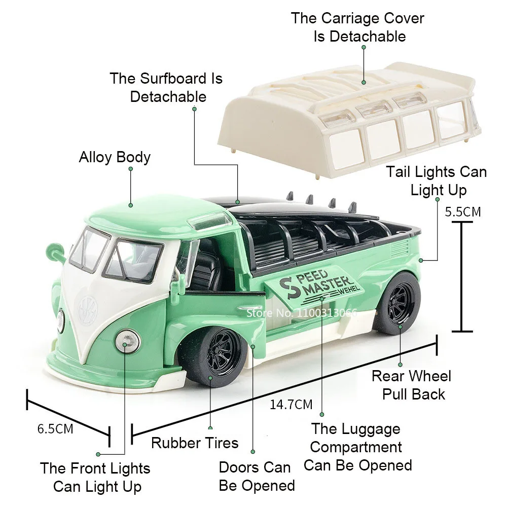 1:32 volkswagen t1 ônibus modelo carros de liga diecast brinquedos portas abertas veículo com música leve puxar para trás ônibus para crianças presentes adultos