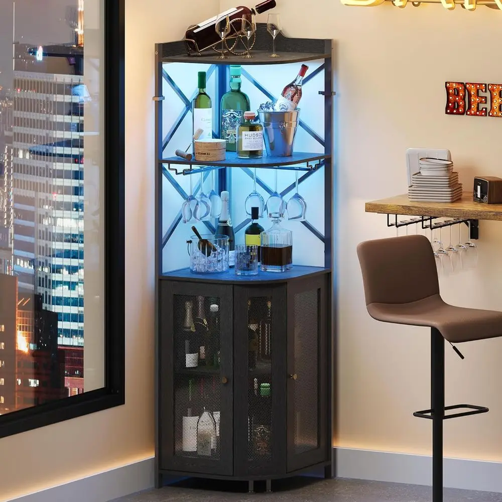 

5-Tier Industrial-Style Wine Bar Cabinet with LED Lights and Glass Holder, Black