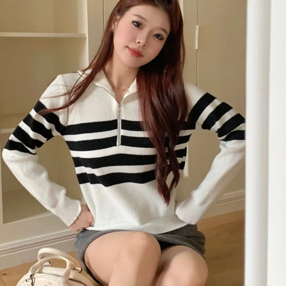 

Leisure Long Sleeve Knit Stripe Sweater Slim Fit Autumn Winter Crochet Knitwear Soft Zipper Sweet Girl's Pullover Autumn Spring