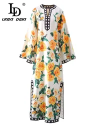 LD LINDA DELLA 2024 Summer Fashion Dress Women Bohemian Floral Print Polka Dot Side Split V-Neck Temperament  Loose Dresses