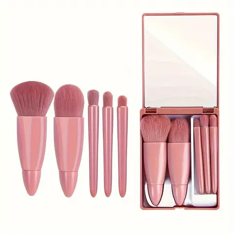 5pcs Mini Makeup Brush Set with Mirror - Multifunctional Travel Cosmetic Brushes, Unscented, Palm Brush Design Makeup Tools