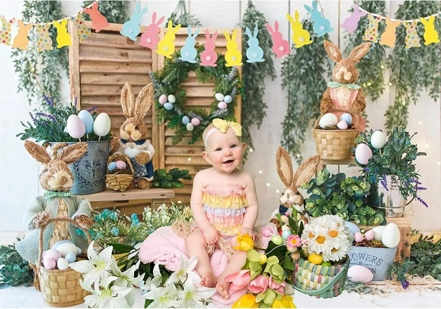 

Happy Easter Backdrop for Photography Spring Rabbit Eggs Flowers Bunny Garden Window Children Portrait Background Photo Studio