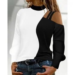 Blusa estampada con hombros descubiertos para mujer, Blusa de manga larga, cuello redondo, elegante, Sexy, para oficina, fiesta, otoño e invierno, 2023