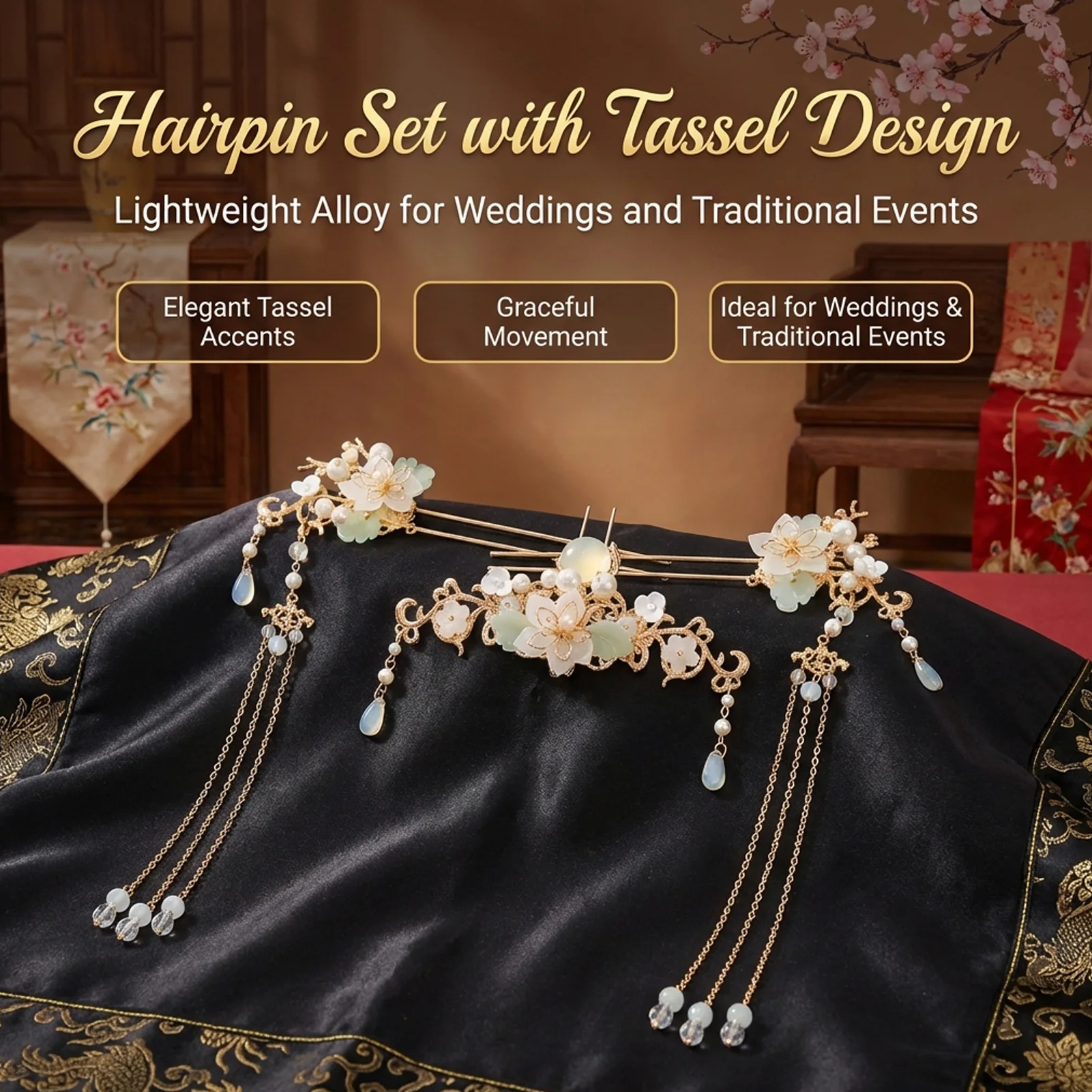 Haarnadeln mit langen Fransen, Set mit Blumen-Haarstäben für traditionelle chinesische Hanfu-Haaraccessoires, Vintage-Hochzeits-Haarschmuck-Sets – Detail 3