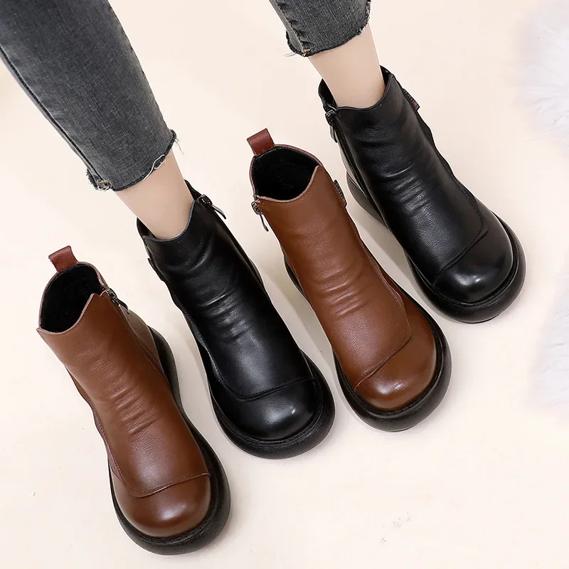 2024 Waterproof Women Snow Boots 100% Genuine Leather Natural Wool Fur Platform Ankle Boots For Women Winter Warm Shoes