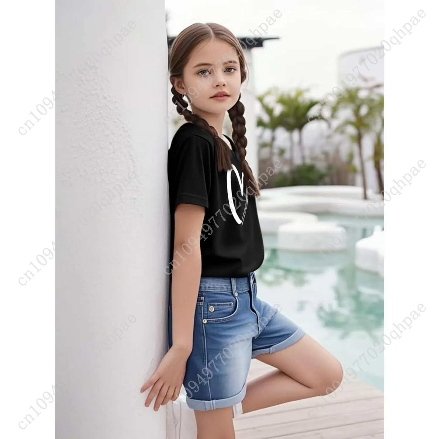 تي شيرت بناتي بأكمام قصيرة تي شيرت صيفي للأطفال برقبة دائرية تي شيرت برسومات أساسية من 5 إلى 14 سنة #4