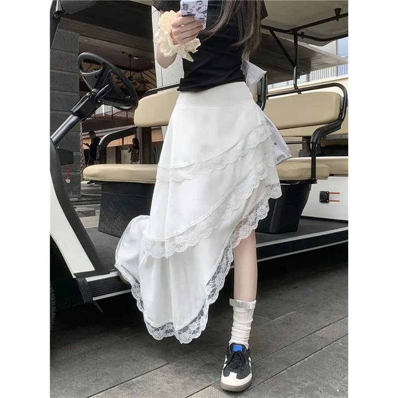 

Mid Length Sweet Irregular Cake Skirts White Women Lace Ruched High Waist Japanese Chic Preppy Y2k Skirt Mori Girl Style