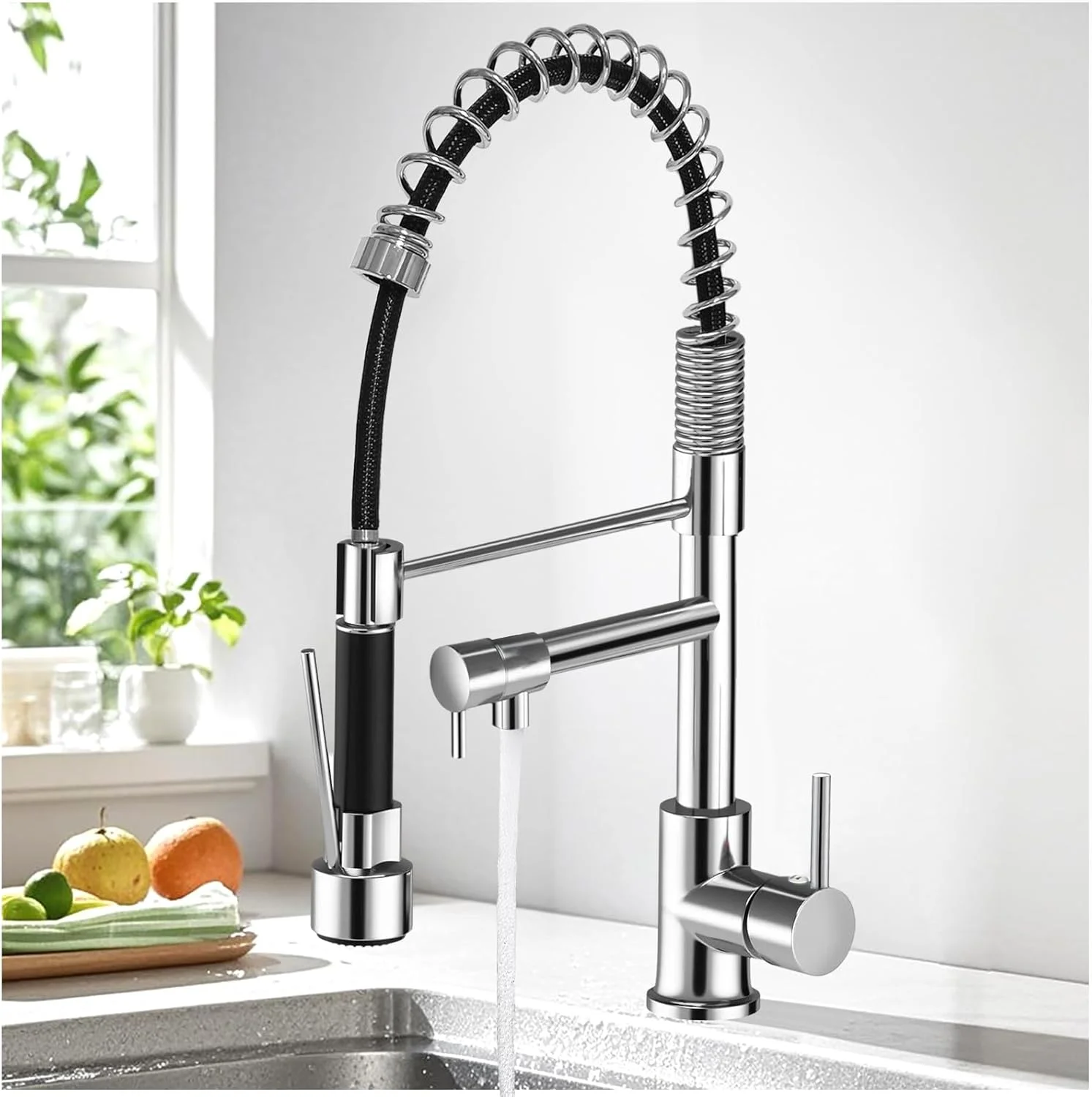 Kitchen Faucet with Pull-Down Spray Head, Stainless Steel Single Handle Cold Hot Dual Control Spring Tap, Ideal for Kitchen RV C