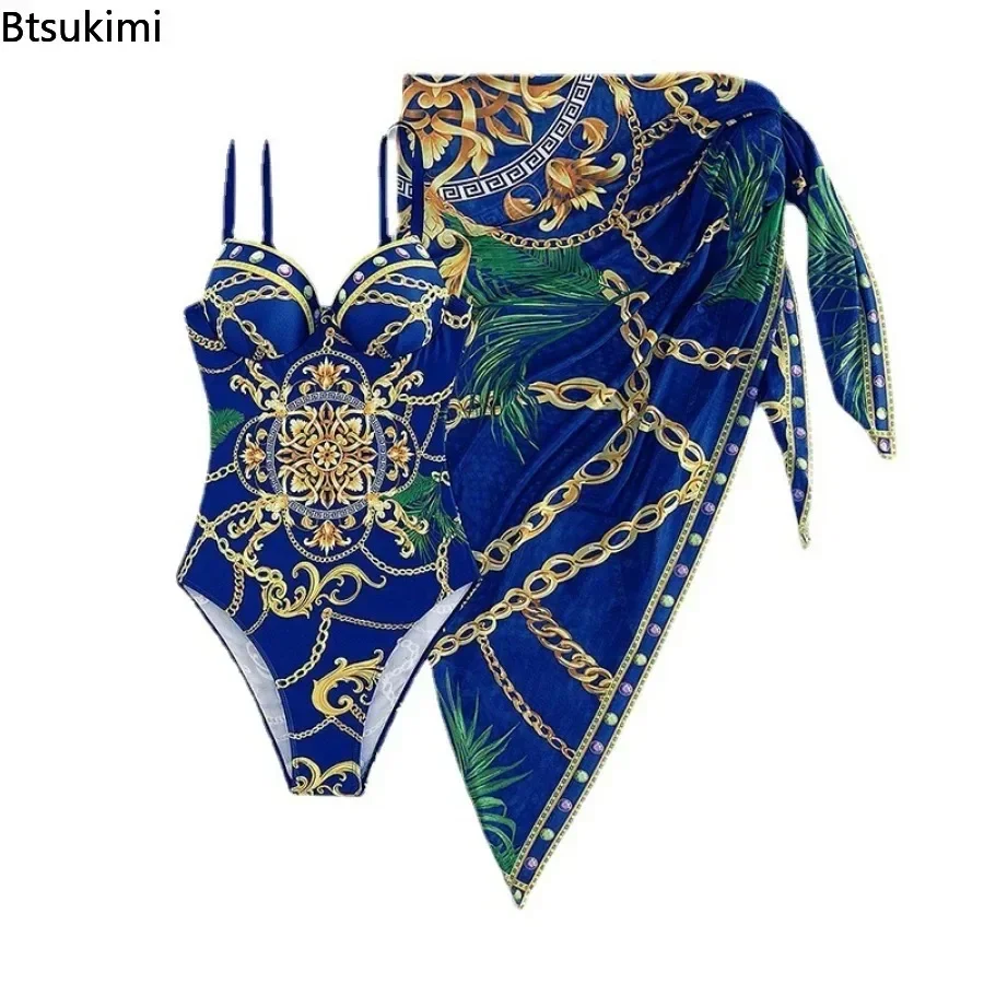 2024Women Summer Print Push Up One Piece Swimsuit With Beach Skirt V Neck Swimwear Women Beachwear Bathing Suit Vintage Monokini