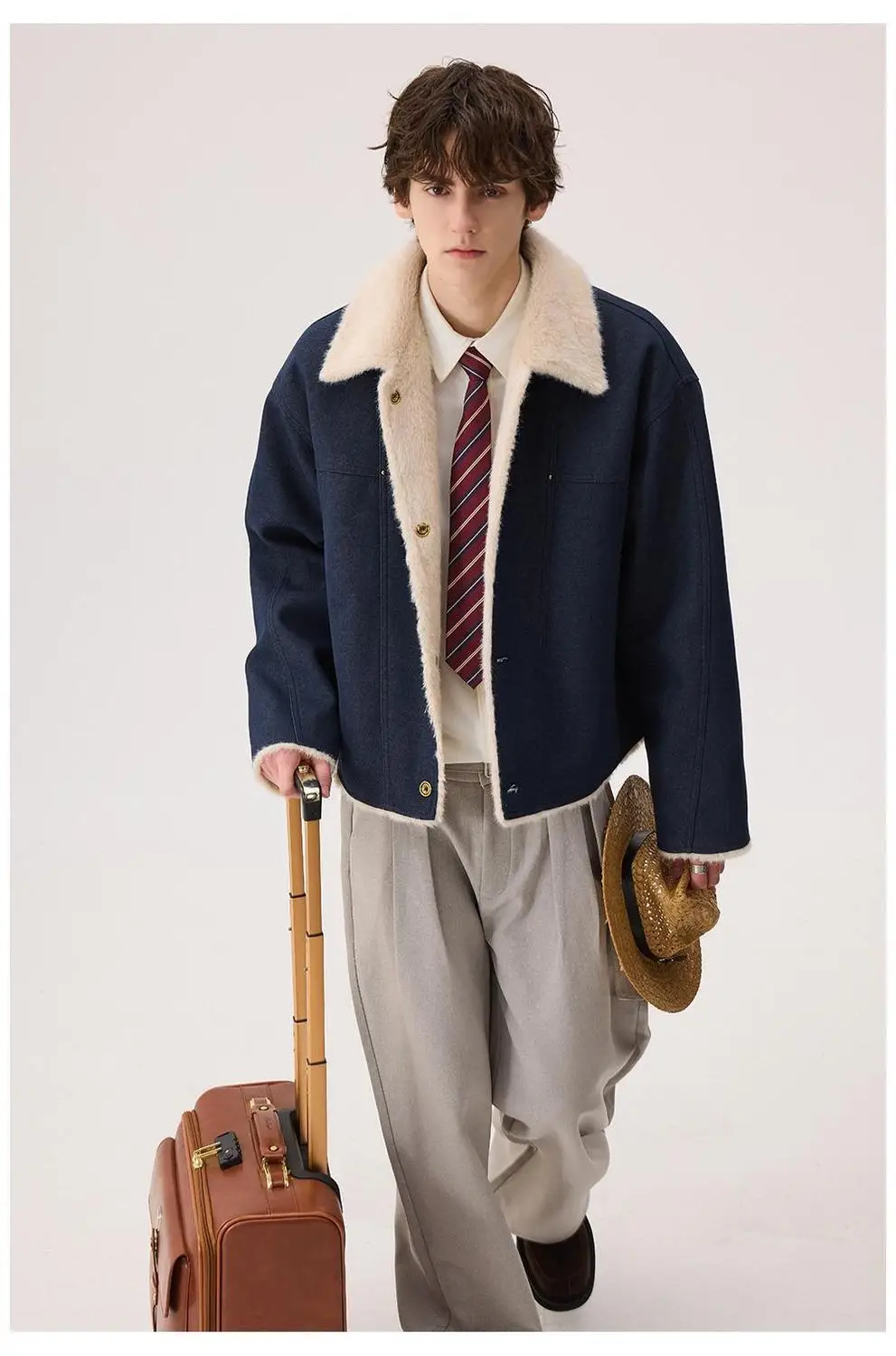 2026 New Solid Color Warm Jackets Men Winter Lapel Fur Collar Loose Coats Male Long Sleeve Cotton-padded Overcoats C915