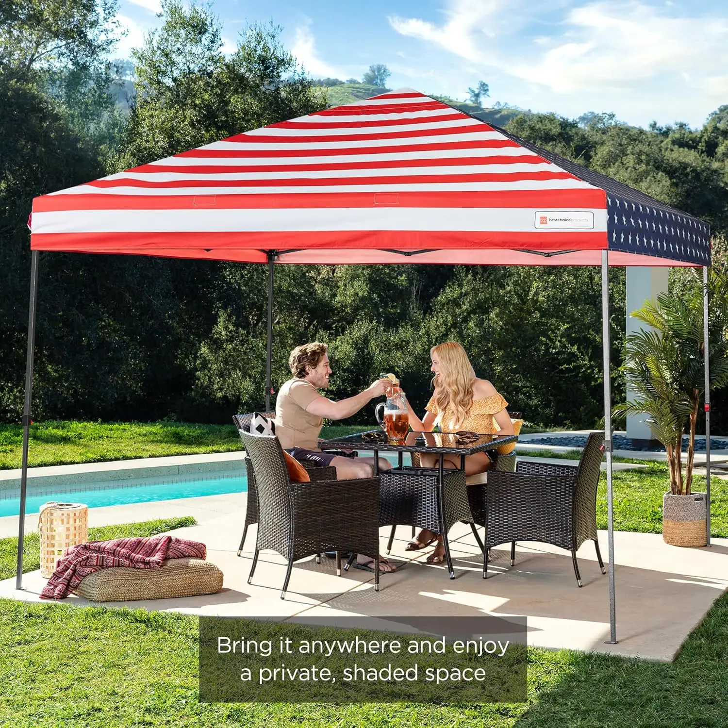 

10x10ft 1-Person Setup Pop Up Canopy Tent Instant Portable Shelter w/ 1-Button Push, Case, 4 Weight Bags - American Flag