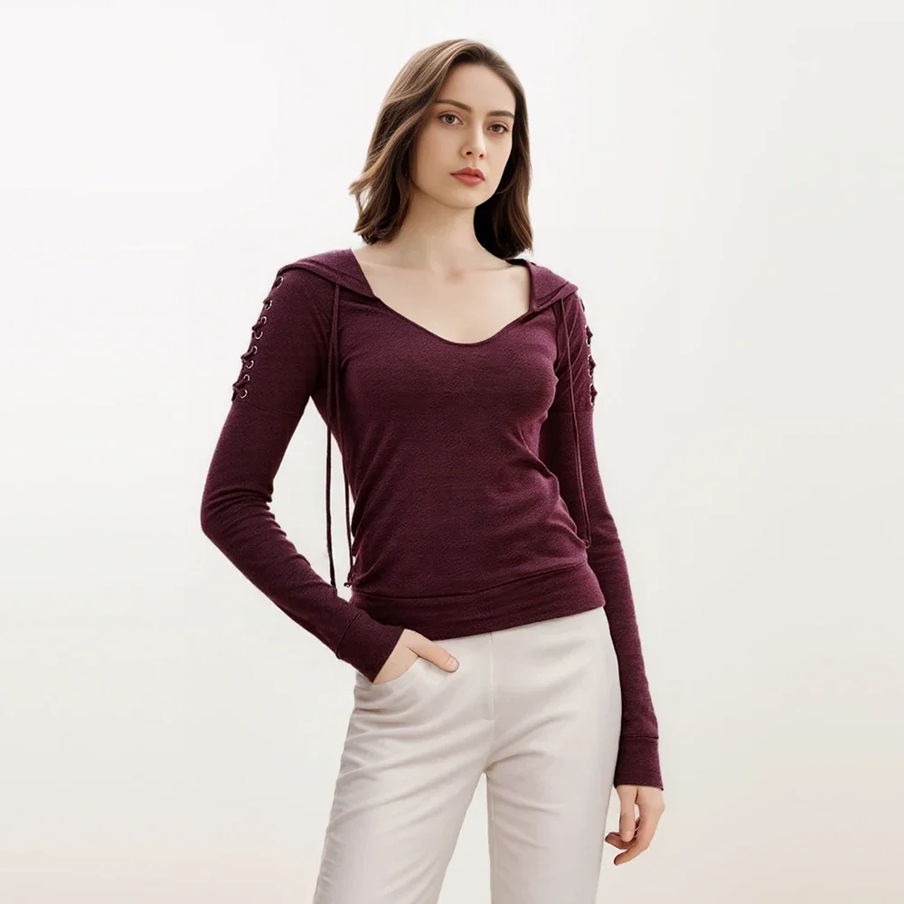 

Plus Size Elegant Slim Women's Hoodies Drawstring V-Neck Lace-up Long Sleeves Spring Female Pullover Solid Casual Running Tops