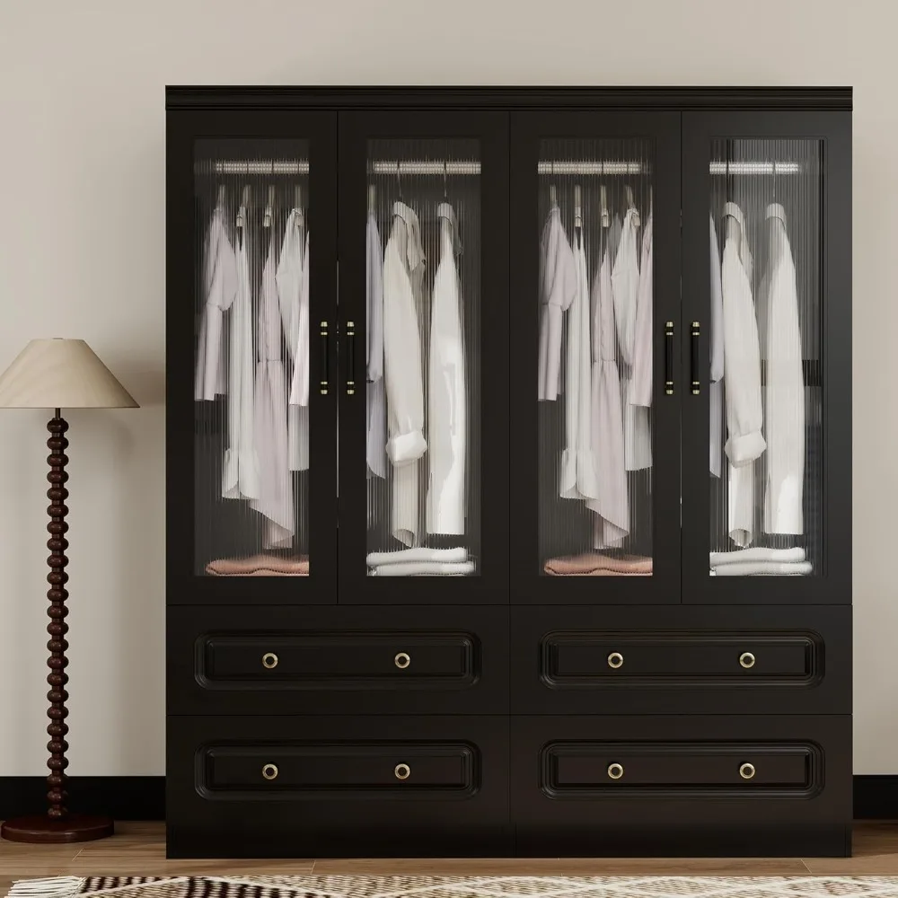 

Wooden Armoire Wardrobe Closet：Modern Armoire Wardrobe Closet with 4 Glass Doors, 4 Drawers and Hanging Rods,