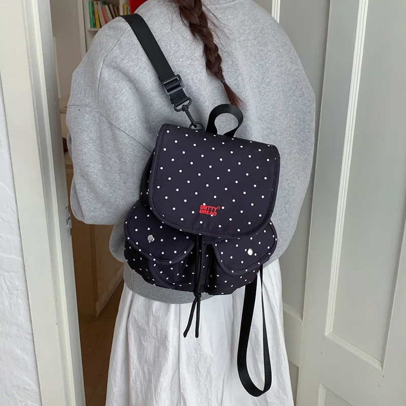 

Women's Black White Polka Dot Nylon Backpack Double Pocket Design Adjustable Strap Casual Daily School Travel Shoulder Bag 2026