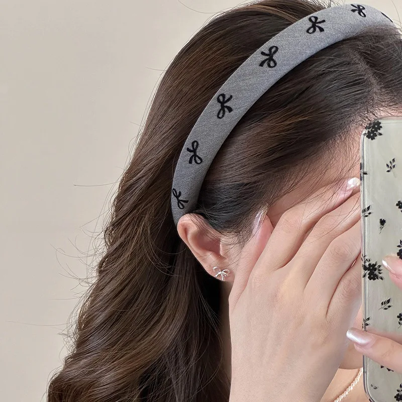 Gray Print Bow Heart Dot Spong Hairband For Women Girl Sweet Hair Ornament Headband Hair Hoop Hair Band Fashion Hair Accessories
