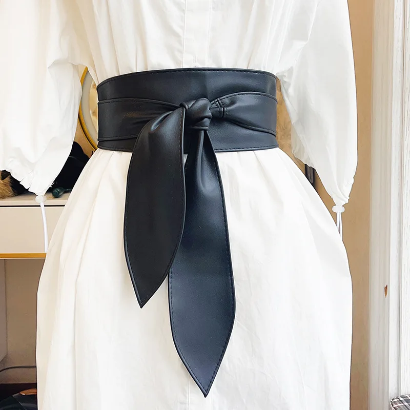 Belt PU Lace Up Bowknot Wide Corset Black Women Dress Coat Waist Cincher Elegant One Size