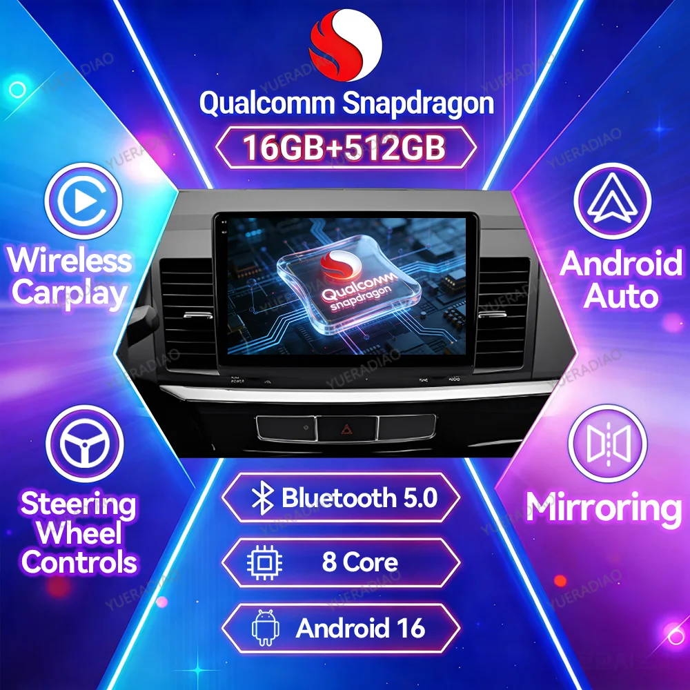 Android 16 Carplay Auto For Mitsubishi Lancer 10 CY 2007 - 2017 QLED Multimedia Video Player 4G WIFI GPS NAVI Qualcomm Head Unit