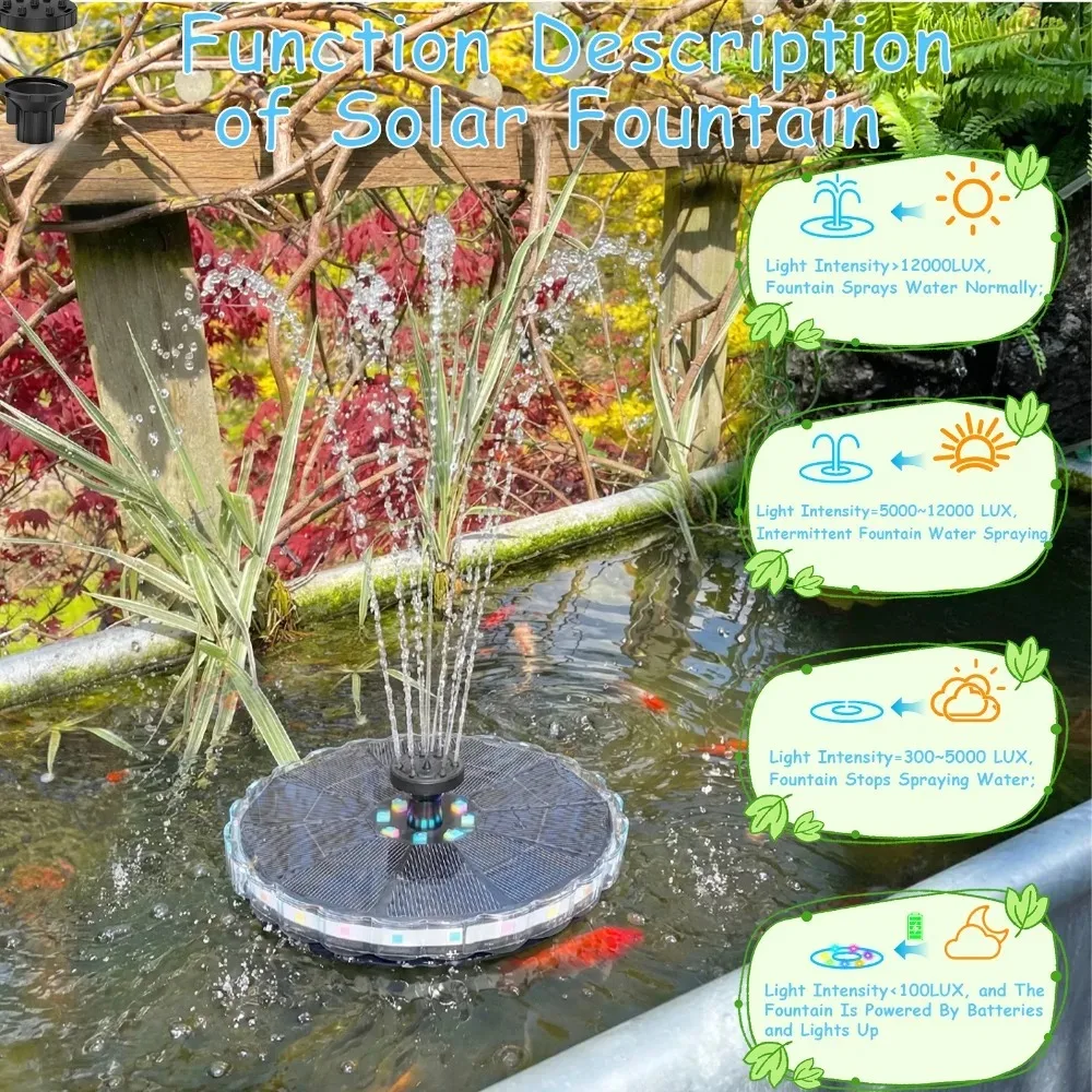 3.5W Solar Fountain Pump with LED Lights, Solar Bird Bath Water Pump Built in 1800mAh Battery for DIY Garden Bird Bath Pond Etc
