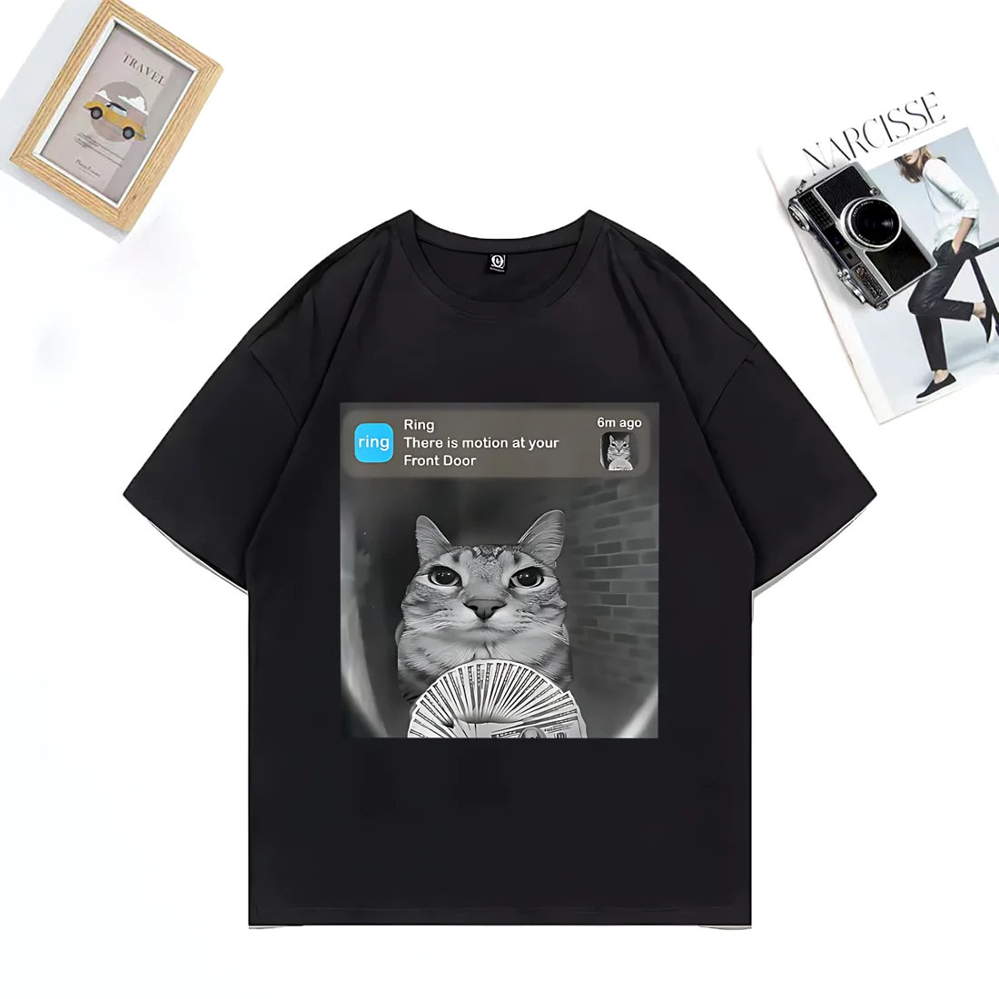 

There Is Motion At Your Front Door Funny Silly Cat Meme T Shirt men women Cotton short sleeve tshirts Street Hip Hop Unisex Tops