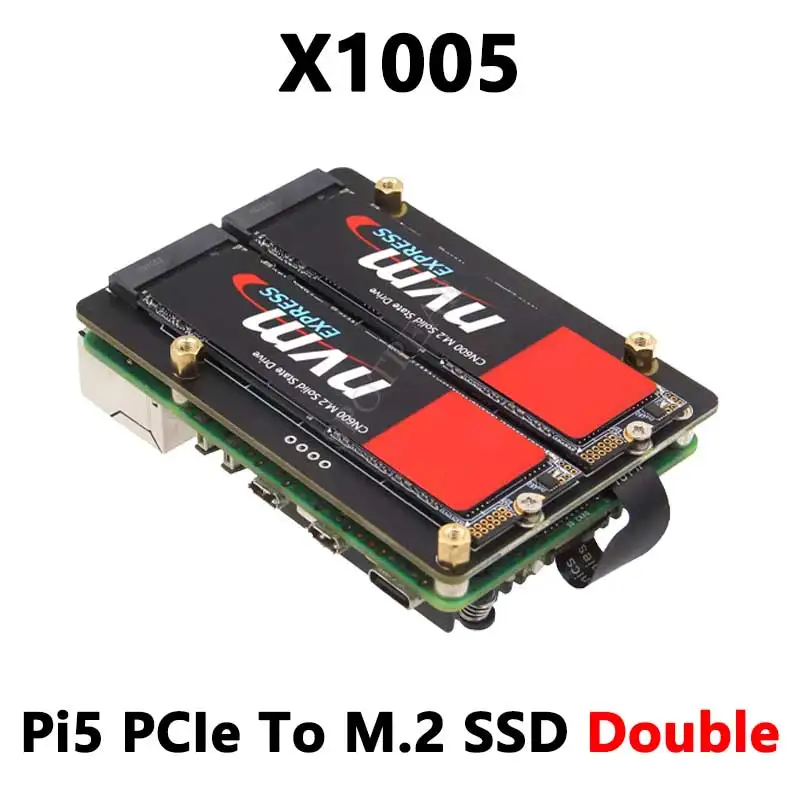 Raspberry Pi 5 PCIe to M.2 NVMe Expansion Board Dual SSD HAT X1005  Pi5 Double 2230/2242/2260/2280 Suporta inicializacao NVMe