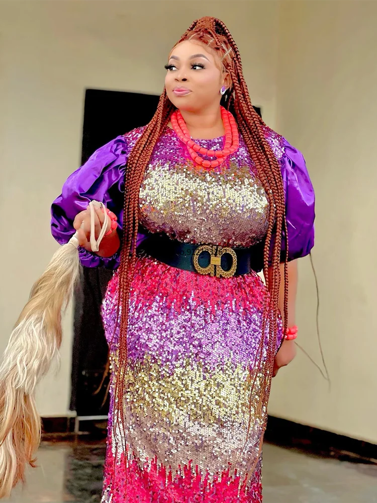 ポリエステル製アフリカンドレス レディース 2025年 春夏 アフリカン ハーフスリーブ Oネック スパンコール ロングドレス マキシドレス アフリカ服