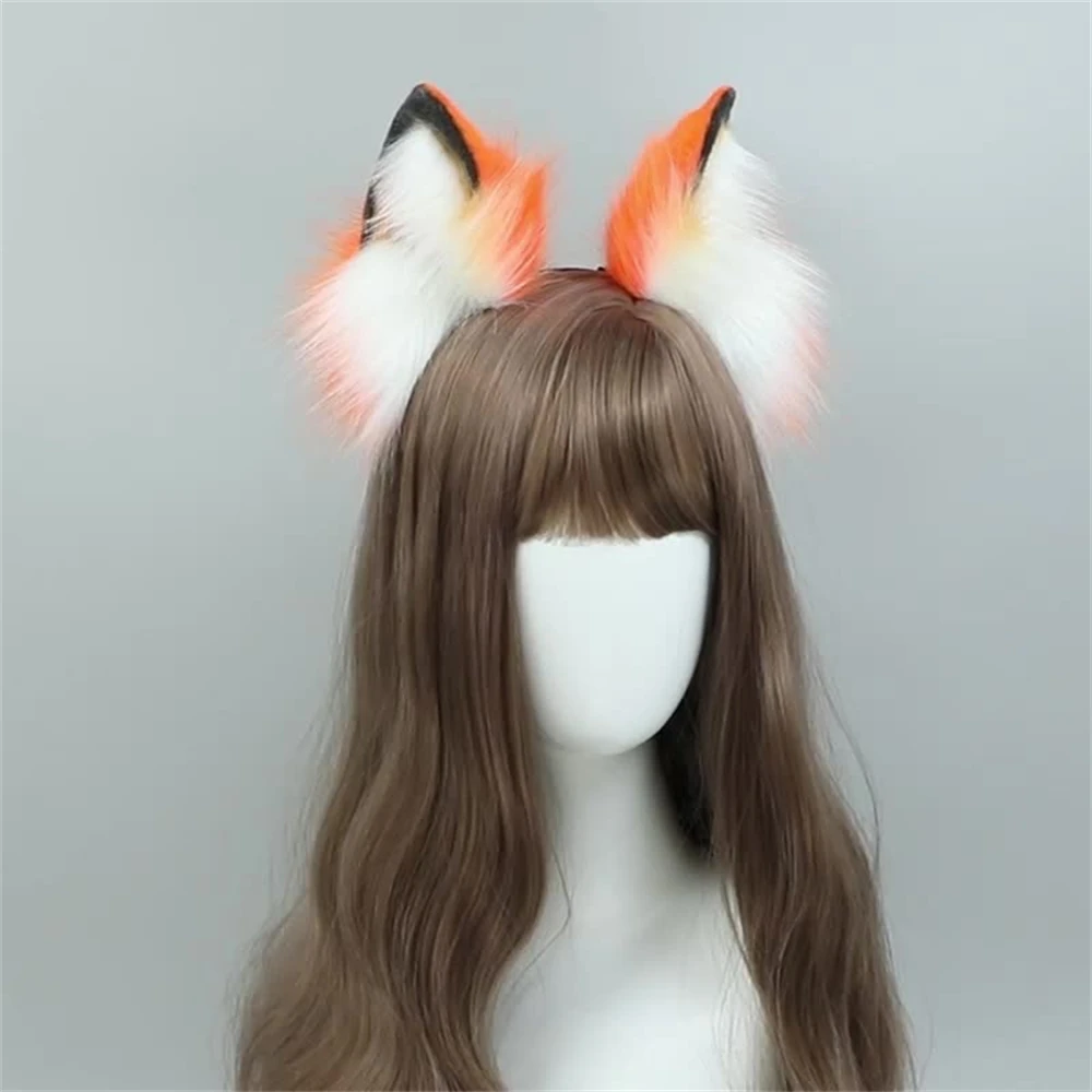 2024 Furry Plush Foldable Wolf Cat Ears Headband Orange Color Simutation Animal Hair Hoop Japanese Kawaii Cosplay Headpiece Gift