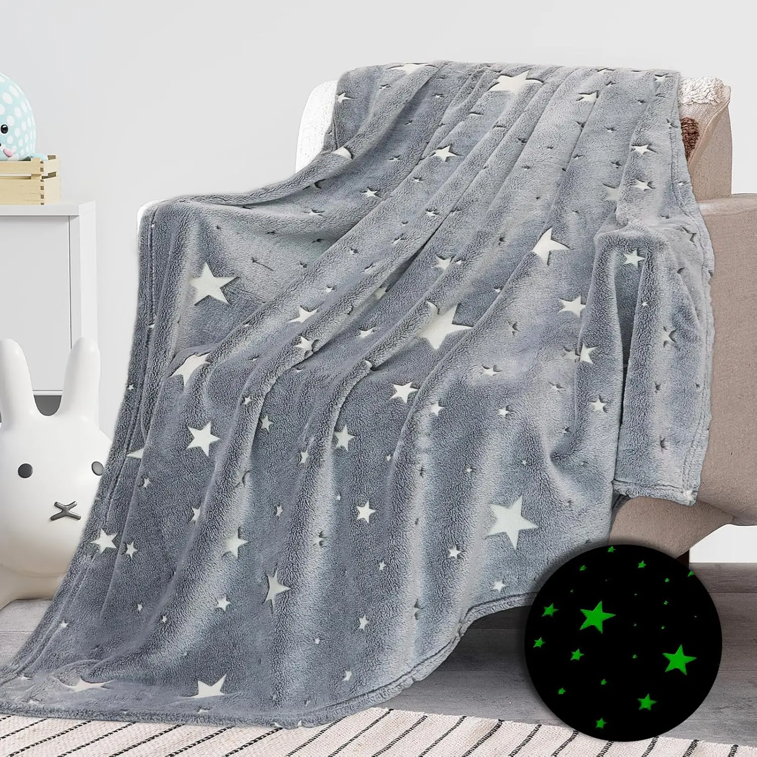 Glow in the Dark Star Space Grey Blanket for Kids Cute Galaxy Print Soft Flannel Throw for Boys & Girls Toddler Blanket