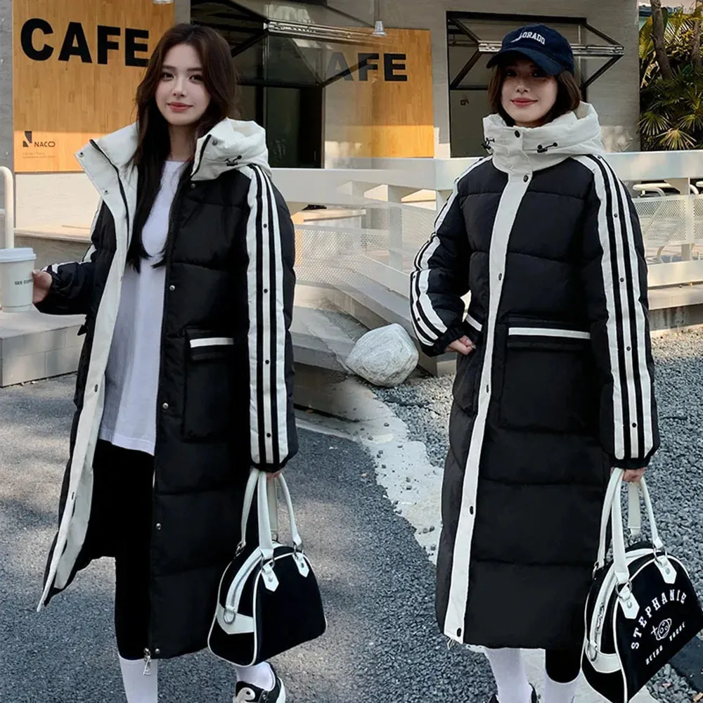 Winter Stripe Women Jacket Long Parkas Female Down Cotton Hooded Coats Casual Thicken Warm Outwear Student Windproof Overcoat