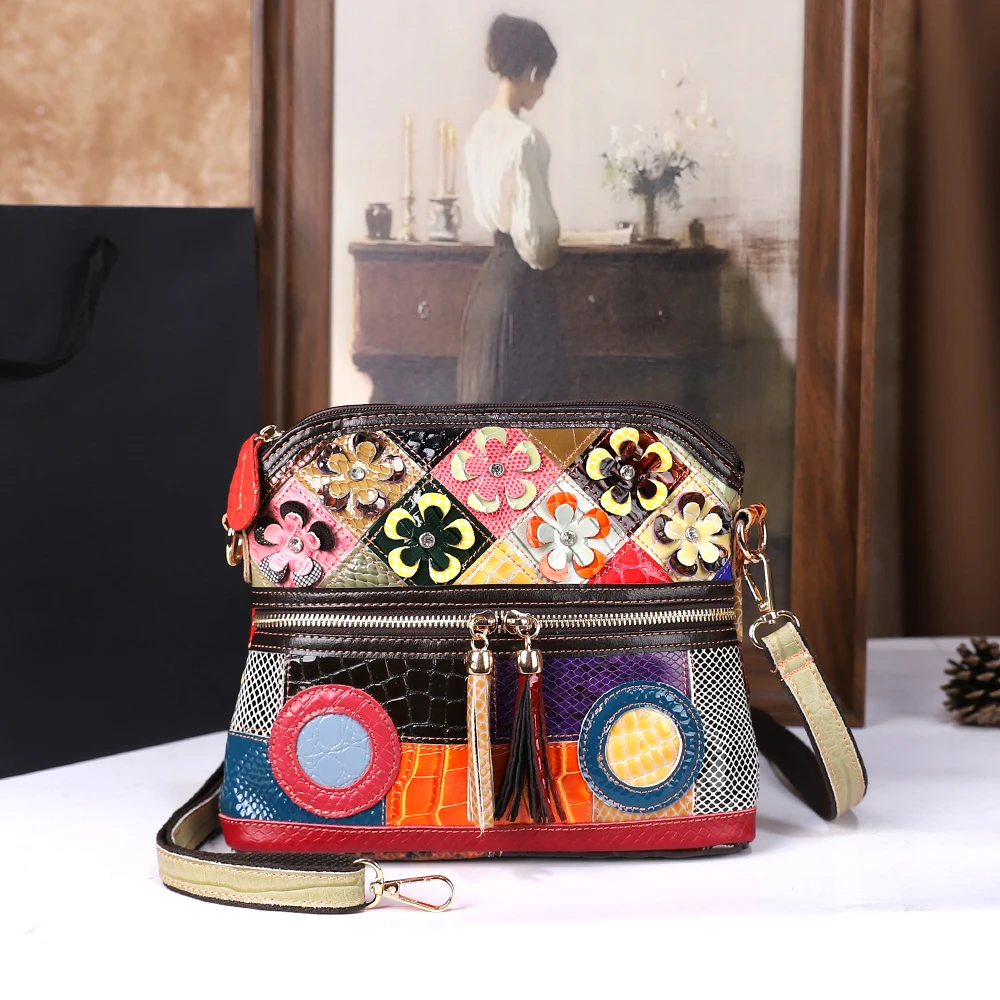 

2025 женская сумка из натуральной кожи в стиле ретро, сумка на одно плечо с наклонным крестом и цветком, модная индивидуальная сумка с кисточкой