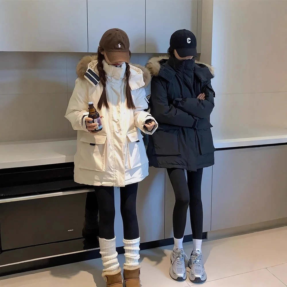 

Thickened Cotton Jacket Women's Workwear Style Winter Coat with Large Fur Collar Design Sensation Casual Loose Fit Zipper