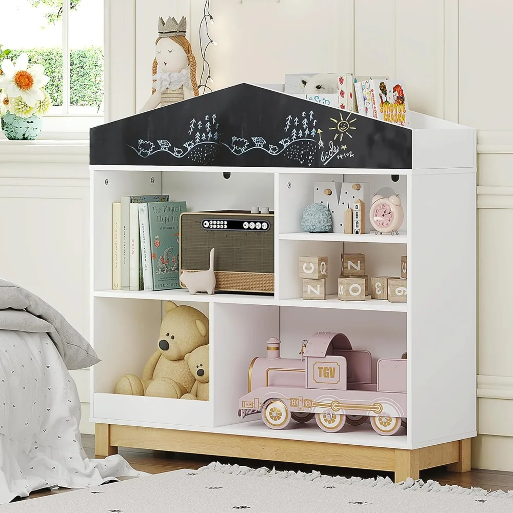 UTEX Kids Bookshelf Nursery Bookcase for Kids with Cubby and Blackboard Book and Toy Storage Organizer Dollhouse Book Shelf