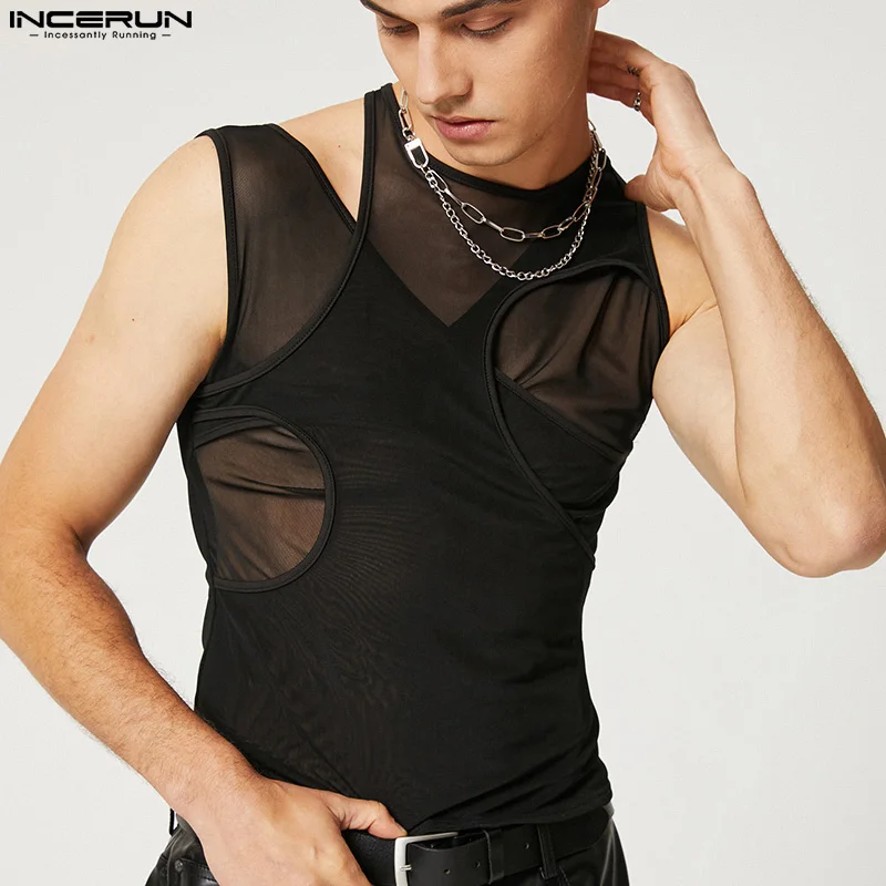 Men Tank Tops Hollow Out Mesh Transparent Streetwear Solid O-neck Sleeveless Vests 2023 Sexy Party Nightclub Tops INCERUN S-5XL