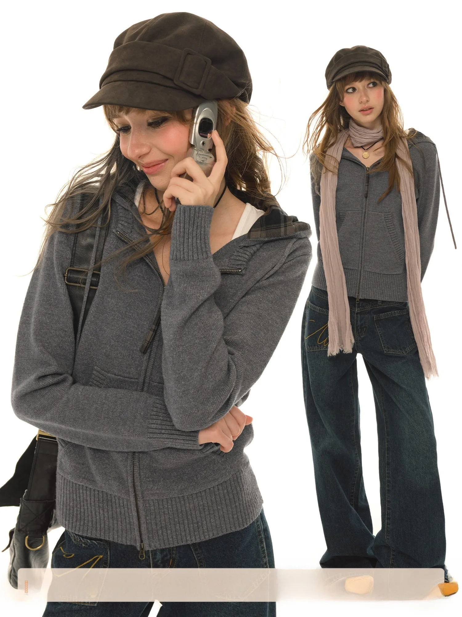 

UNRETRO ey Double Zipper oulder Knitted Sweater Coat Women's Spring Autumn Faion Slim Fit Vintage Sle Long Sve Top